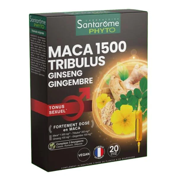 Maca 1500 Tribulus Ginseng Gingembre, 20 ampoules - SANTAROME BIO - Image 2