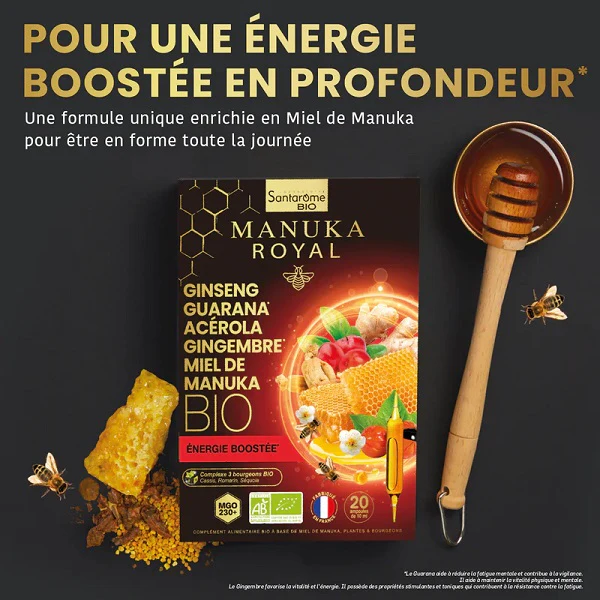 Ginseng Guarana Acérola Gingembre Miel de Manuka Bio, 20 ampoules - SANTAROME BIO - Image 3
